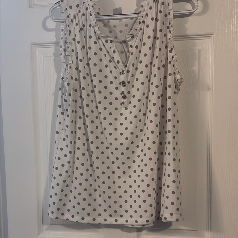 Sleeveless White Tank Top with Tan Polka Dots